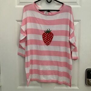 Bua Bua Pink Striped Rhinestone Strawberry Graphic Pullover Sweater Woman XL NWT